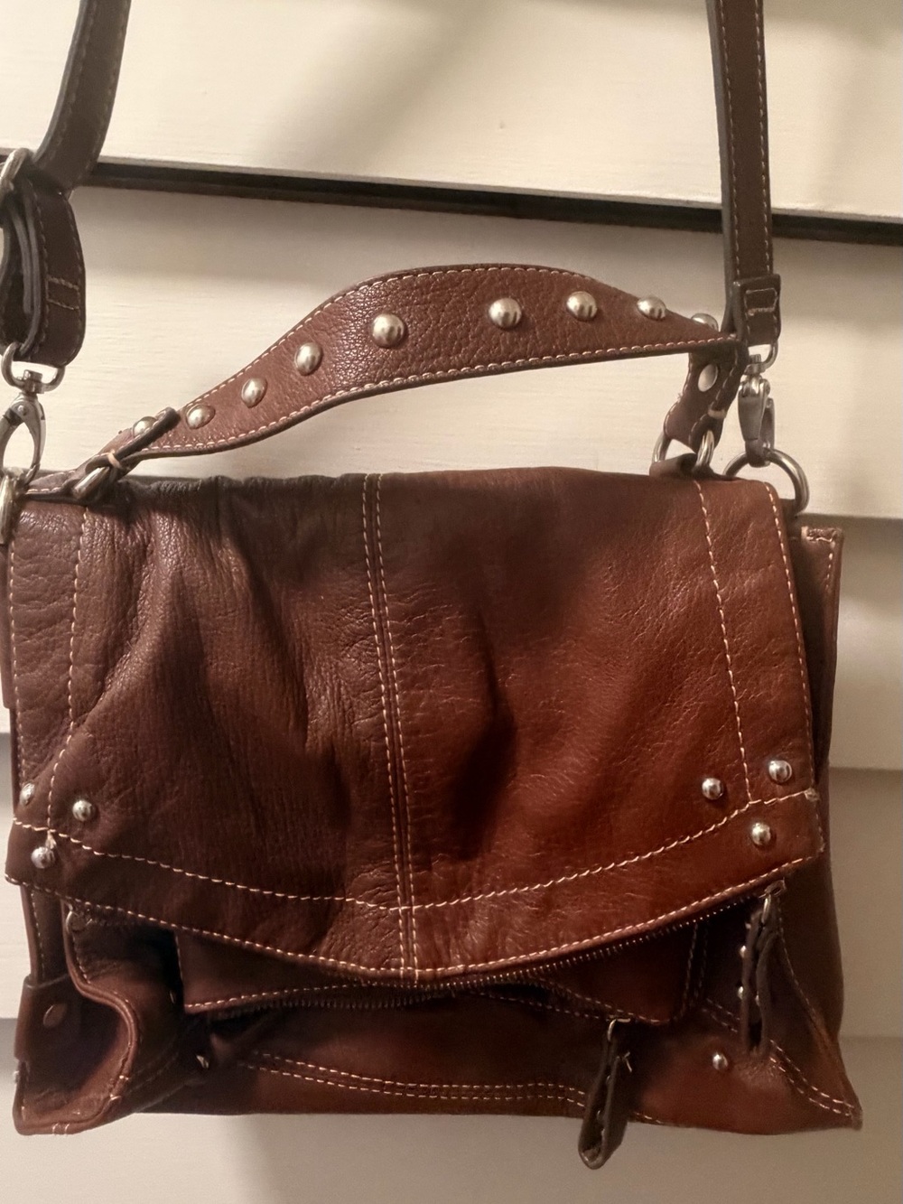 Stud-Accent Brown Leather Shoulder Bag